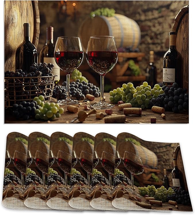 Red Wine Placemats Set of 6,Grape Wood Placemats Washable Kitchen Dining Linen Table Mats Stain Heat-Resistant for Home Party Indoor 12x18 inch