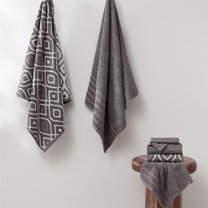 Modern Threads Classic Diamond 6-Piece 100% Cotton Towel Set – Yarn Dyed Jacquard – Includes 2 Bath Towels, 2 Hand Towels, 2 Washcloths – Absorbent, Quick Dry, Soft & Durable – Gray
