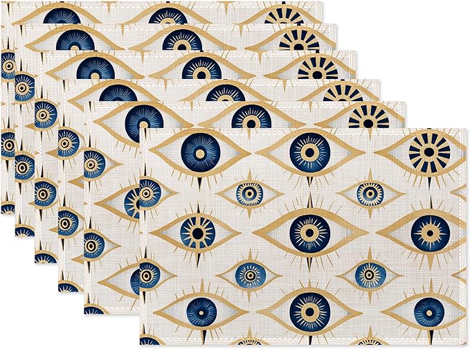 Evil Eye Table Mats Set of 6,Non-Slip Washable Placemats for Restaurant Home Kitchen Dinner Table 12x18Inch