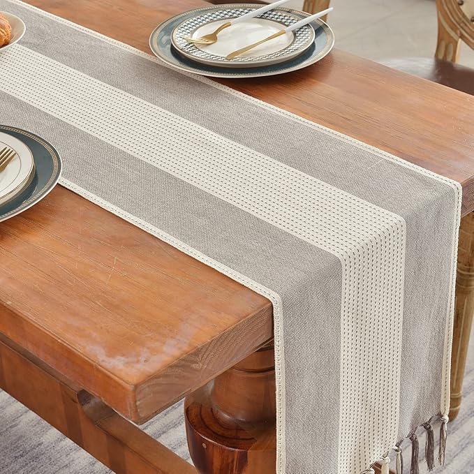 Wracra Linen Table Runner, Farmhouse Macrame Table Runners 48 Inches Long for Dining Table Decor, Wedding, Party and Dresser Decor (Dark Coffee,48")