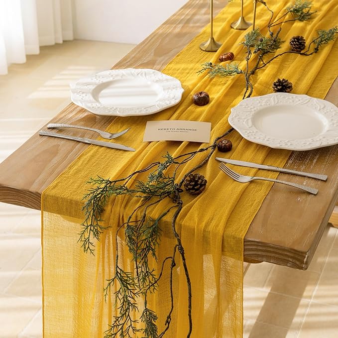Keketoarrange 3pcs Golden Gauze Rustic Cheesecloth Table Runner 120 Inch 10 FT for Wedding Baby Shower Bridal Shower Birthday Engagement Garden Outdoor Party Long Sheer Boho Decorations