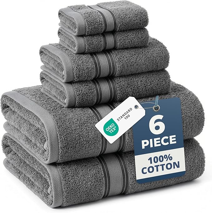 LANE LINEN Luxury Bath Towels Set - 6 Piece 100% Cotton Bathroom Quick Dry Shower Extra Aborbent Towel Super Soft 2 Hand Wash Cloths Space Grey