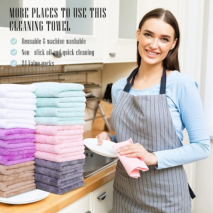 24 Pack Kitchen Dishcloths - Does Not Shed Fluff - Reusable Dish Towels, Dish cloths, Super Absorbent Coral Fleece Cleaning Cloths, Nonstick Oil Washable Fast Drying, 10 x 20 Inch (Multicolor)