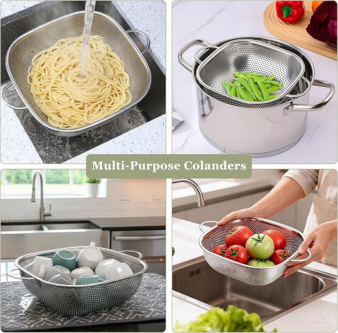 E-far 6QT Stainless Steel Colander with Handle - Square Metal Kitchen Strainer for Pasta & Vegetable Draining, Micro-Perforated & Elevated Feet, Dishwasher Safe
