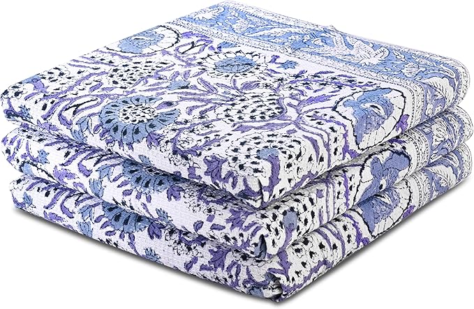 CPC Indigo Blue Hand Block Print Waffle Kitchen Towel Set of 3-16 x 28 Inch Ultra Absorbent Quick Dry Cotton Dish Towels Lightweight Reusable Sustainable Tea Towels for Cleaning and Drying