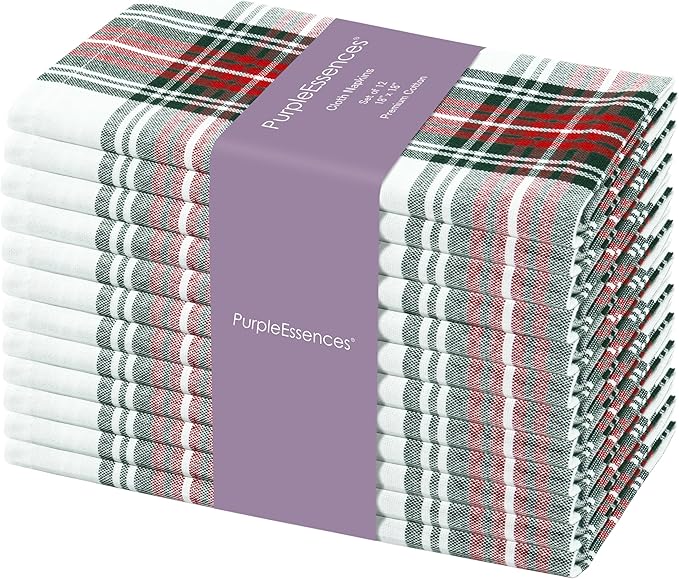 PurpleEssences Tartan Plaid Cloth Napkins - Mitered Corners - Spring Easter Summer - Scottish Check Dinner Napkin - Set of 12-100% Cotton - 18x18 Inch - Reusable Washable - Red and White