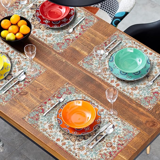 aportt Ethnic Boho Placemats Set of 4 Bohemian Carpet Vintage Black Coral Floral Linen Washable Kitchen Dining Table Mats Stain Heat-Resistant Desktop Decor Place for Home Party Indoor 12x18 in
