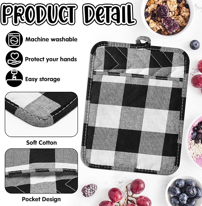 R HORSE 6Pcs Pot Holder with Pocket Black Check Pocket Pot Holder Set Cotton Plaid Kitchen Heat Resistant Potholder Non-Slip Potholder Oven Mitts Hot Pads Terry Cloth Pot Holders for Cooking Baking