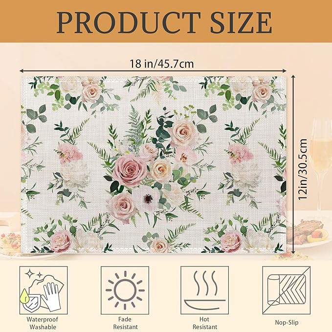 Placemats Set of 6, Watercolor Rose Flowers Linen Place Mats,Modern Washable Table Placemats 12"x18" Heat Resistant Table Mats for Dining Kitchen Party Holiday Decoration