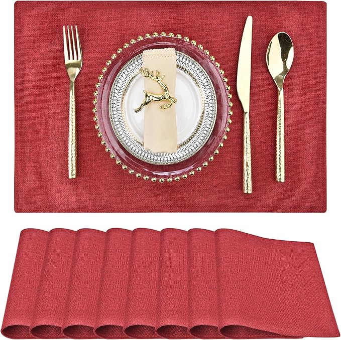 SLKQG Christmas Linen Fabric Placemats Set of 8 - Holiday Dining Table Mats for Festive Decor, Heat Resistant & Machine Washable, Place Mats for Dinner Parties, Xmas Gift for Home (8, Wine Red)