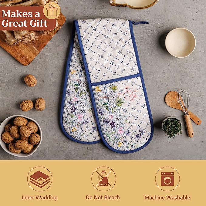 Maison d' Hermine Double Oven Mitts 100% Cotton 7"x35" Double Oven Mitt Heat Resistant BBQ Cooking Gloves with Loop Baking Grilling Gifts for Mothers Day Spring Summer (Faience)