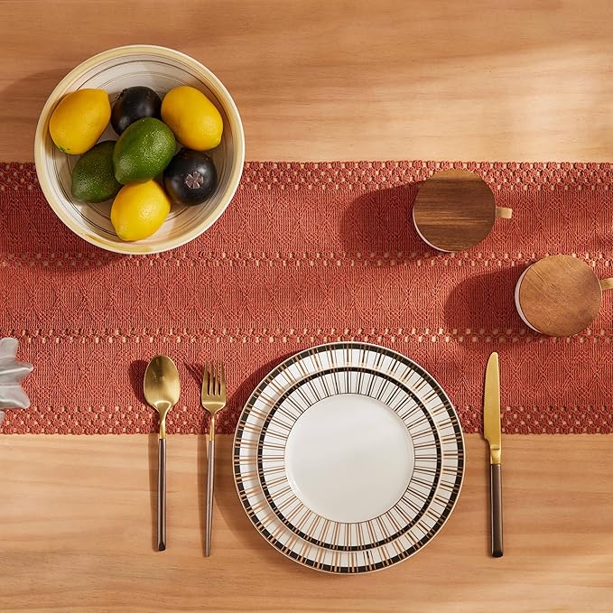 ZeeMart Macrame Style Boho Table Runner, Rust Table Runners 90 Inches Long, Farmhouse Woven Home Decor, 12x90 Inch, Rust