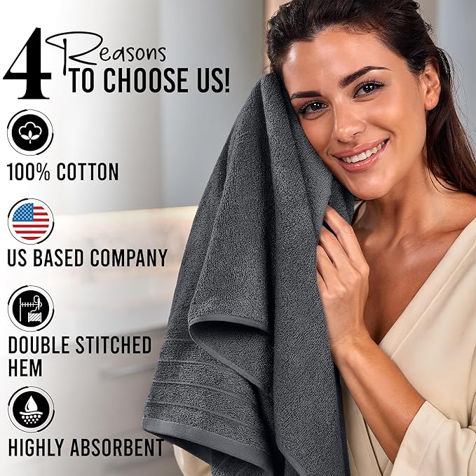 RIVERSIDE Pack of 4 Premium Extra Large Gray Bath Towels 30 x 60 Inches, 100% Cotton, Super Soft & Highly Absorbent, Larger & Lighter Weight, Quicker to Dry, Perfect for Bathroom