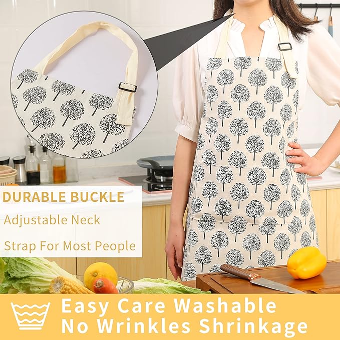 Tosewever 2 Pieces Cotton Linen Waterproof Bib Apron with 2 Pockets - Long Ties Adjustable Neck Strap - Unisex Cooking Kitchen Decorative Pattern Aprons for Women Chef (Triangle/Tree, 2)