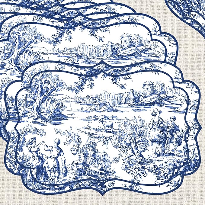 Whaline Blue Linen Placemats Vintage Scalloped Kitchen Place Mats for Birthday French Party Home Dining Table Decor, Set of 6, 13 x 19 in