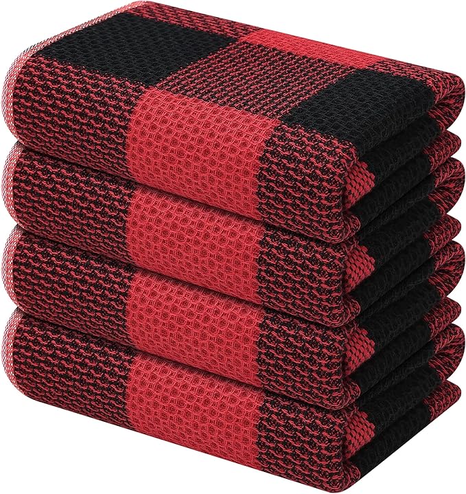 Mordimy 100% Cotton Waffle Weave Kitchen Towels, 13 x 28 Inches, Super Soft and Absorbent Buffalo Check Dish Towels for Drying Dishes, 4-Pack, Black & Red