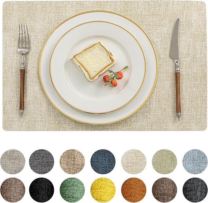 Romanstile Vinyl Placemats Set of 4-12 X 17 Inch - Faux Leather 100% Waterproof Oil-Proof Wipeable Place Mats, Heat Resistant Reversible PU Table Mats for Kitchen Dining Party Outdoor, Beige
