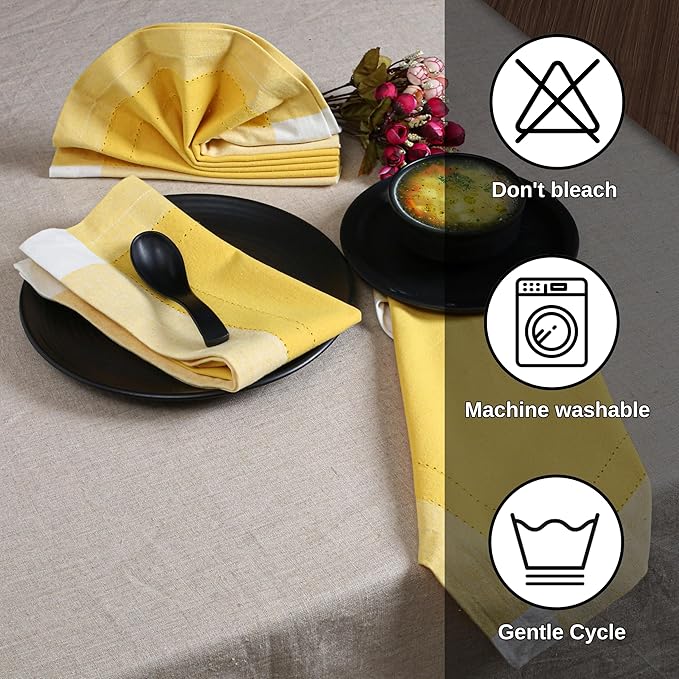 Bedding Craft Cotton Cloth Napkins Set of 12 – 20x20 Yellow Multi Double Hemstitched – Machine Washable Fabric Dinner Napkins for Weddings, Parties & Table Settings