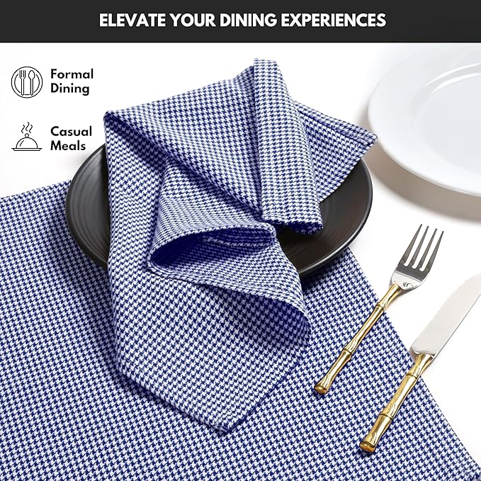 Cloth Napkin 100% Cotton Set of 12 Decorative Washable Table Houndstooth Check Napkins for Dining, Home, Wedding, Banquet - Ink Blue (18”X18”)