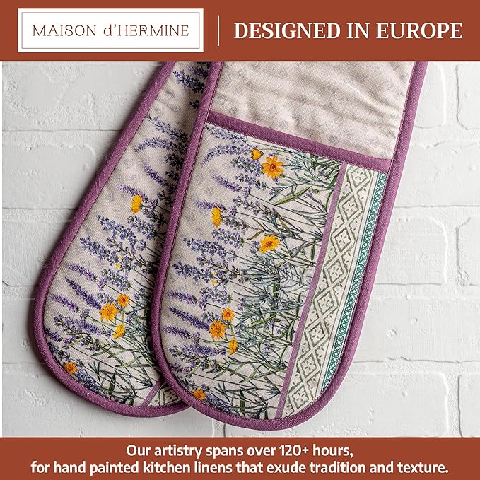 Maison d' Hermine Double Oven Mitts 100% Cotton 7"x35" Double Oven Mitt Heat Resistant BBQ Cooking Gloves with Loop Baking Grilling Gifts for Mothers Day Spring Summer (Fanny Lavender)