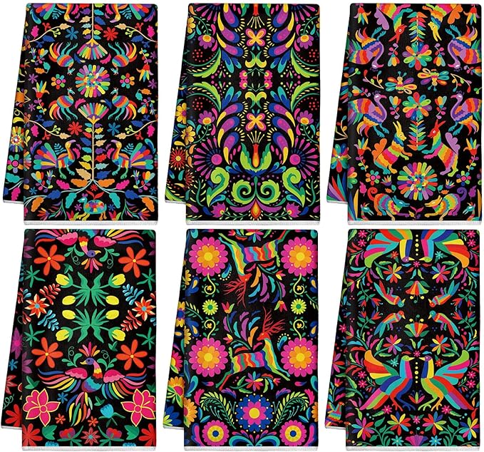 Breling Set of 6 Mexican Kitchen Towels Colorful Flowers Mexican Themed Dish Towel Bathroom Decorative Christmas Hand Cloths Decor for Holiday Kitchen Bathroom Home Cooking, 14 x 21 Inch
