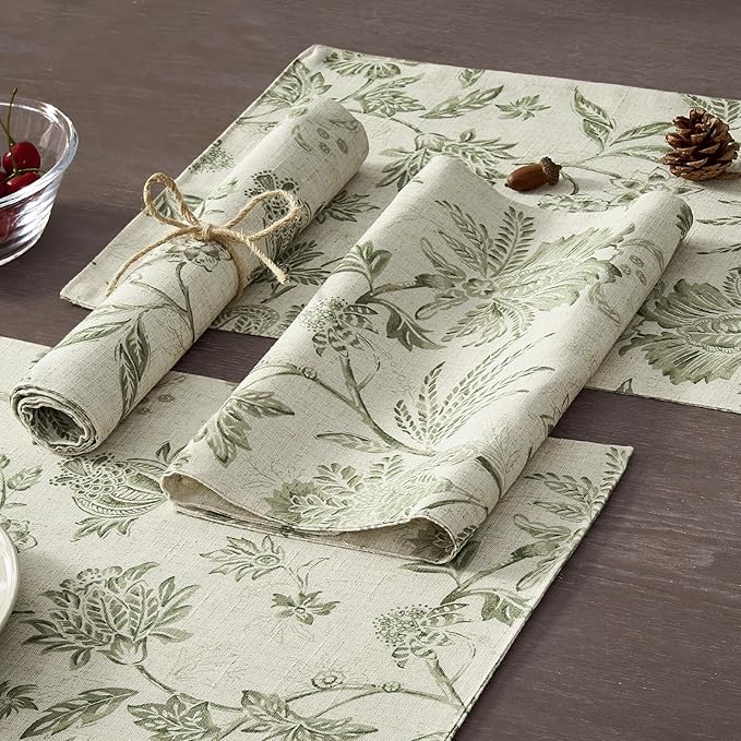 JINCHAN Linen Floral Fall Placemats Set of 4 Cloth Table Mats Rustic Cottagecore Jacobean Outdoor Seasonal for Kitchen Dining Table Decor Washable Tablemats 13x19 Inch Green