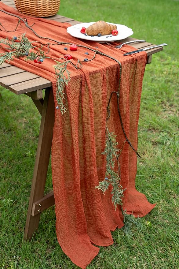 Keketoarrange Fall Thanksgiving Table Runner Terracotta Decorations 120 Inch 10 FT Rustic Burnt Orange Sheer Cheese Cloth for Baby Bridal Shower Friendsgiving Party Centerpiece Gauze Decor for Home
