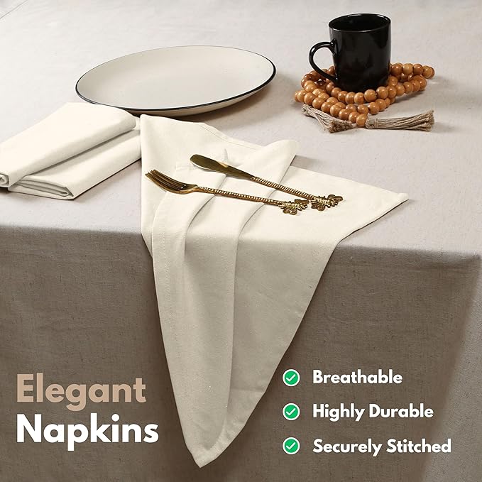 Native Fab Cloth Dinner Napkins, 12 Pack, 100% Cotton, 17x17 Inches, Soft Texture, Machine Washable, Colorfast, Suitable for Easter Lunch, Bridal Showers, Tea Parties, Formal Dining, Ivory