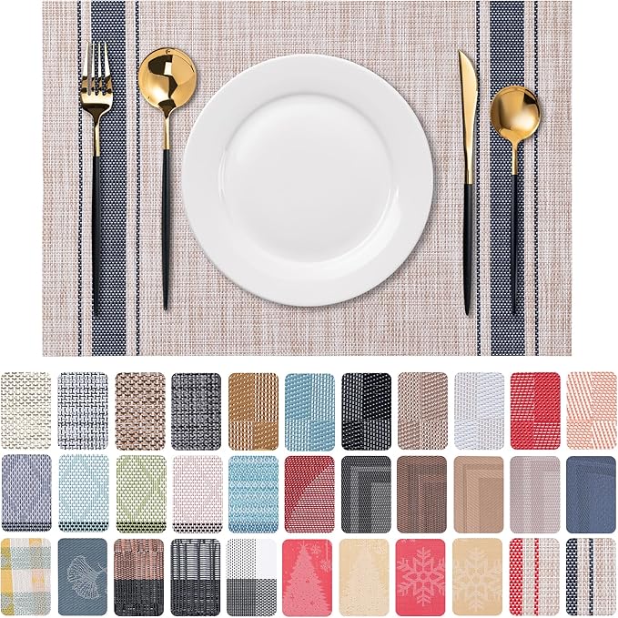 CADONO Placemats Set of 6 Washable Indoor/Outdoor Vinyl Place Mats for Dining Table Durable Non-Slip Heat Resistant PVC Weave Table Mats（Stripes-Blue）