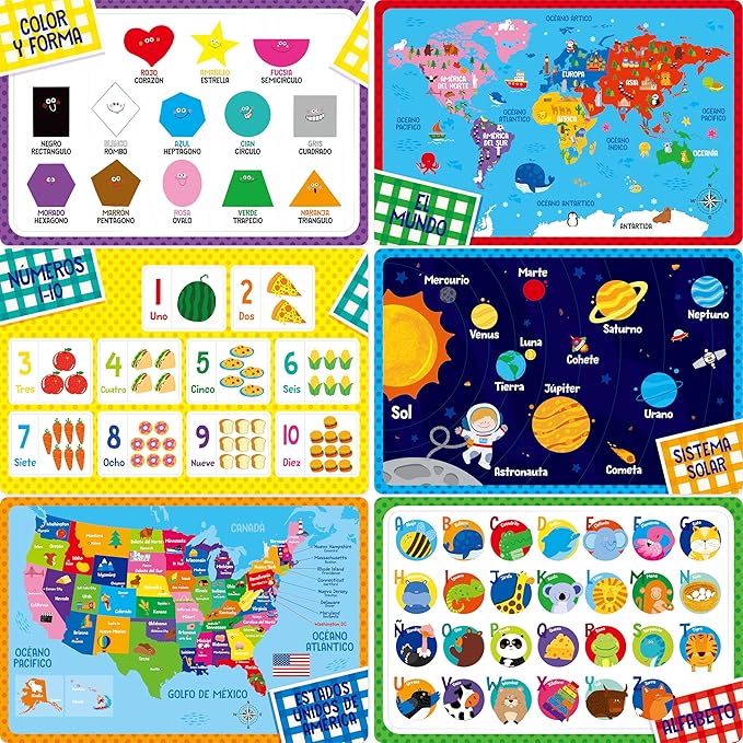 6 Pack Placemats for Kids, Non-Slip Washable Table Mats, Reusable Spanish Alphabet, Number, Shape & Color, Universe, Map Themed Educational Placemats for Home, Kindergarten, Classroom, Nursery