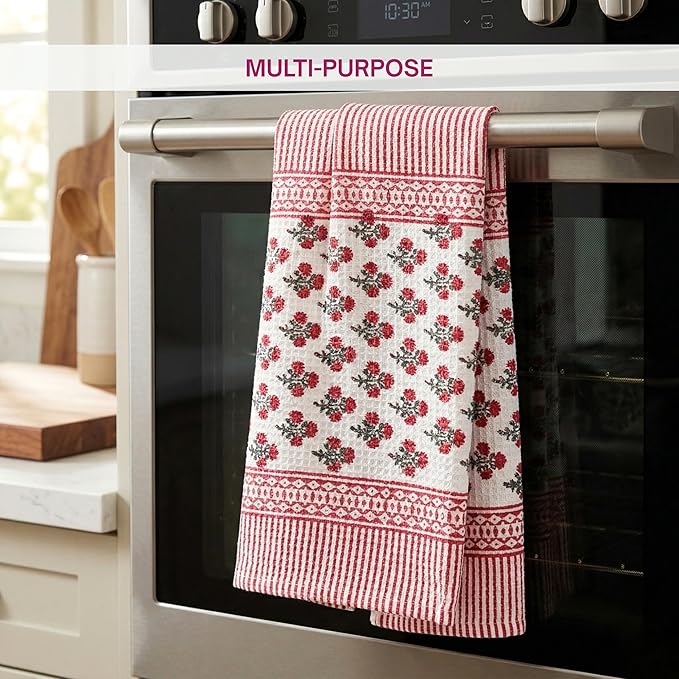 ATOSII 100% Cotton Hand Block Print Waffle Kitchen Towel, Set of 3, 18 x 26 Inches Ultra Absorbent Quick Dry Dish Towels, Reusable Sustainable Tea Towels for Cleaning and Drying, Gulbahar Pink