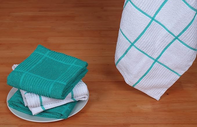 AMOUR INFINI Kitchen Towels Pack of 4, Terry Cotton Dish Towels, Ultra Absorbent, Quick Drying Hand & Tea Towels, Soft Durable Cleaning Cloths with Hanging Loop, 16 x 26 Inch (Teal)