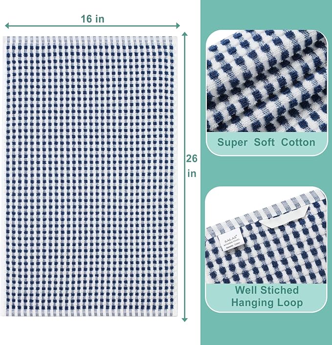 SALAS Cotton Dish Towels Cloths for Kitchen Drying Dishes, Lattice Terry Towels, Highly Absorbent Kitchen Cloths with Hanging Loop, 16‘’ x 26‘’, 4 Packs, Blue