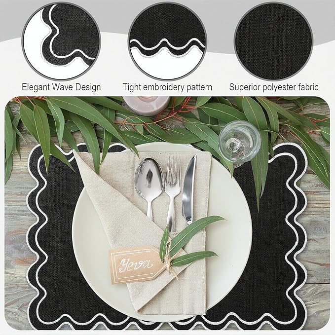 HunnmingRe Set of 6 Cotton Linen Placemats, 13x19 Inch Scalloped Wavy Embroidery Placemat Double Layered Washable Rustic Rectangle Dinner Table Mats for Wedding Home Decor(Black with White)