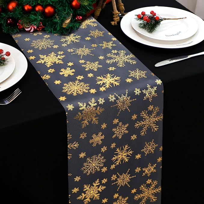 Snowkingdom 2 Pcs Christmas Snowflake Gold Table Runner, 108 Inch Sparkly Gold Glitter Metallic Foil Runners Decorations for Seasonal Winter Festival Holiday Home Party