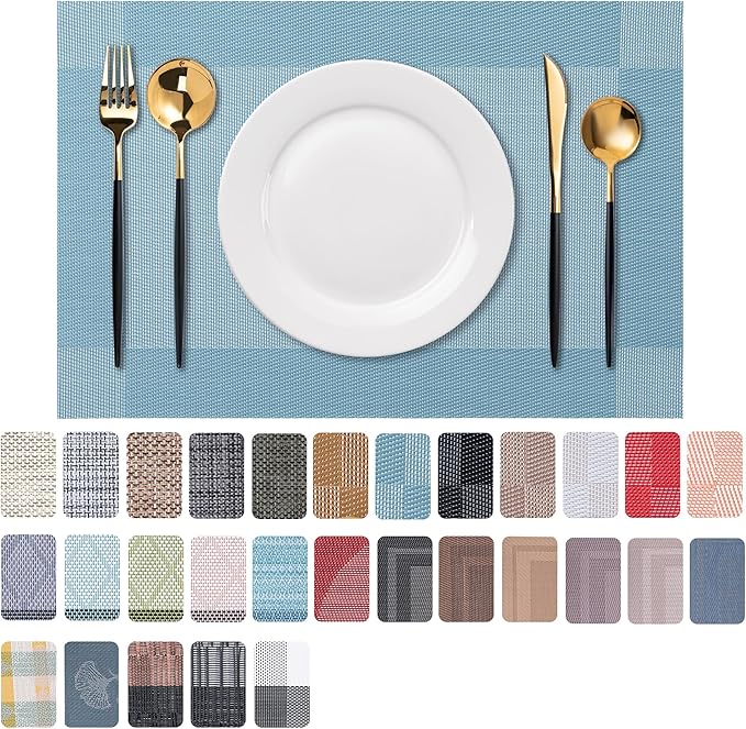 CADONO Placemats Set of 6 Washable Indoor/Outdoor Vinyl Place Mats for Dining Table Durable Non-Slip Heat Resistant PVC Weave Table Mats（Four-Corner-Blue）