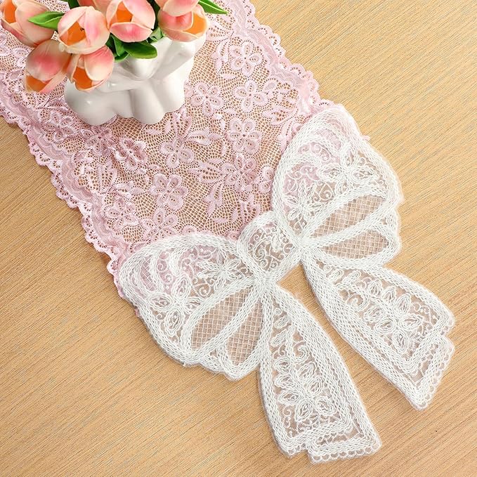 Pink Lace Table Runner with Big Bow Ends 12 x 71 Inch Vintage Rectangle Macrame Embroidered Runner French Style Tablecloth for Wedding Kitchen Dining Table Home Decor