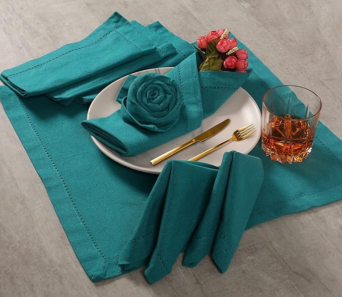 Lightnpro Cotton Dinner Napkins Set of 12, Hemstitched Dinner Cloth Napkins with Metred Corners, Washable and Reusable for Dining, Parties, Weddings, Holiday & Everyday Use - 18x18 Inch Teal