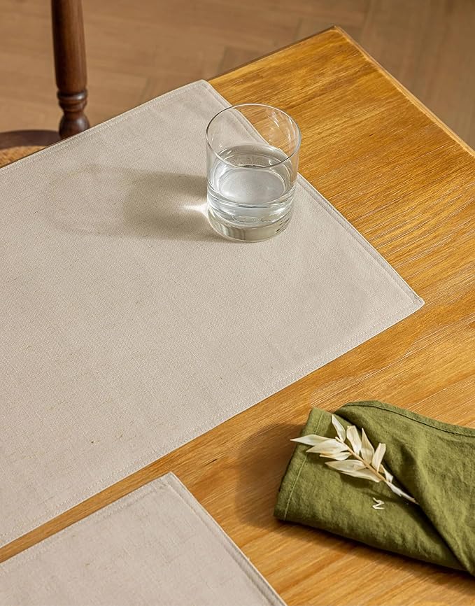 Linen Cloth Table Placemats Set of 4 Beige Dining Table Mats for Indoor Neutral Boho Kitchen Plate Place Mats Washable Water Repellent 12x18 Inch