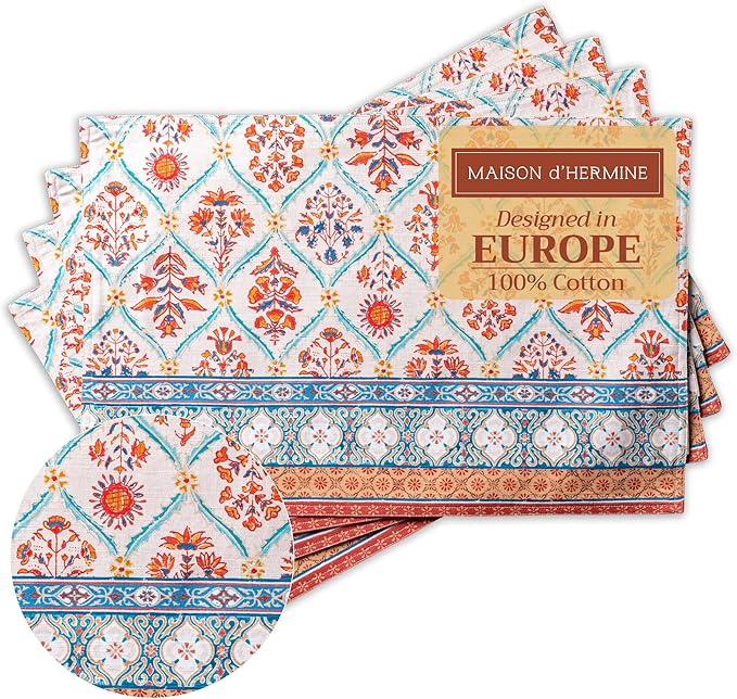 Maison d' Hermine Placemats Set of 4 100% Cotton Washable Cloth Place Mats, Reusable Table Mats for Thanksgiving Christmas Decorations Kitchen Dining Party Wedding Restaurant (Romane, 13" x 19")