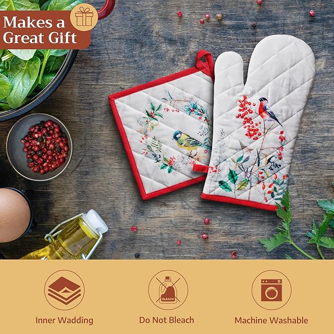 Maison d' Hermine Pot Holders Set 100% Cotton Heat Resistant Potholders 8" x 8" Hot Pads with Loop for Thanksgiving Christmas Decorations BBQ Cooking Baking Handling Hot Pans (Pack of 2, Morzine)