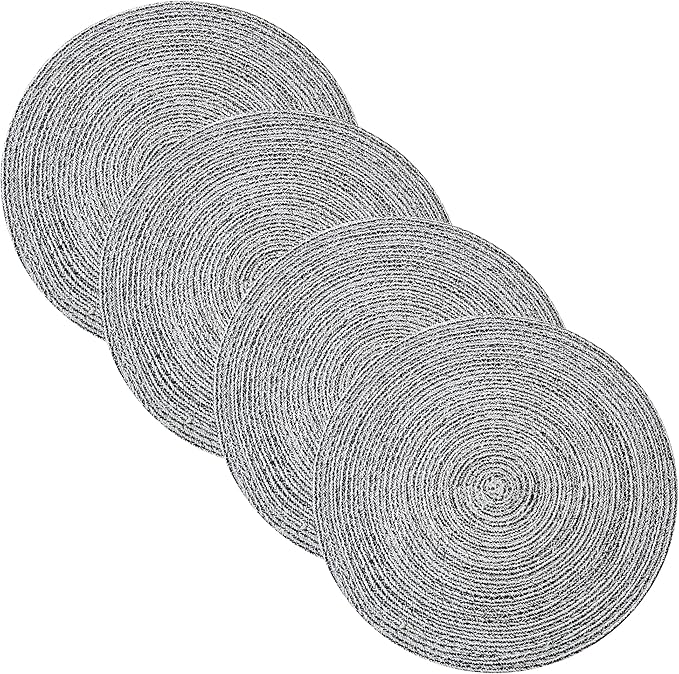 Round Placemats Set of 6-100% Cotton Two-Tone Placemat for Dining Table - Woven Braided Table Setting Place Mat - Washable Table Decor for Kitchen, Farmhouse, Rustic, Everyday Use, Black