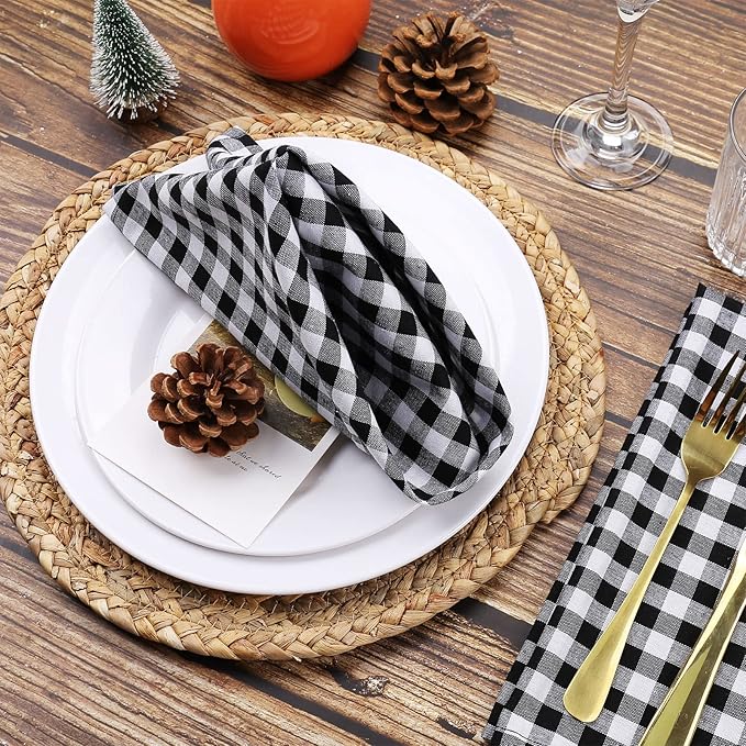 Black and White Checkered Napkins Set of 6, 18 x 18 Inches Buffalo Plaid Cloth Napkins, Halloween Washable Reusable Gingham Cloth Table Dinner Napkins for Wedding, Parties, Dinner Celebration