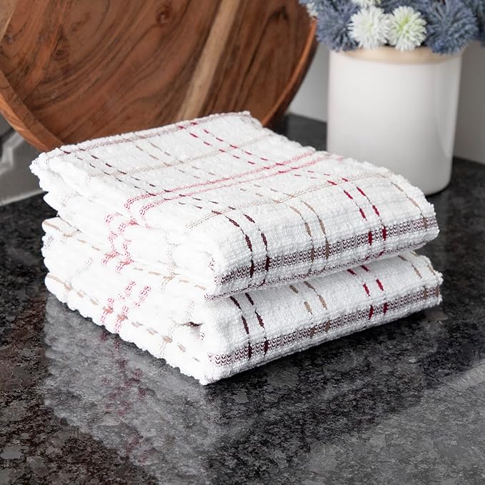 Ritz Royale Collection 100% Combed Terry Cotton, Highly Absorbent, Oversized Checked Kitchen Towel Set, 28" x 18", 2-Pack, Mocha Brown