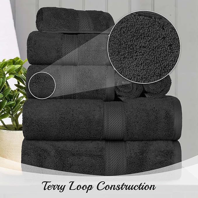 SUPERIOR Egyptian Cotton Pile Hand Towel Set of 4, Ultra Soft Luxury Towels, Thick Plush Essentials, Absorbent Heavyweight, Guest Bath, Hotel, Spa, Home Bathroom, Shower Basics, Black