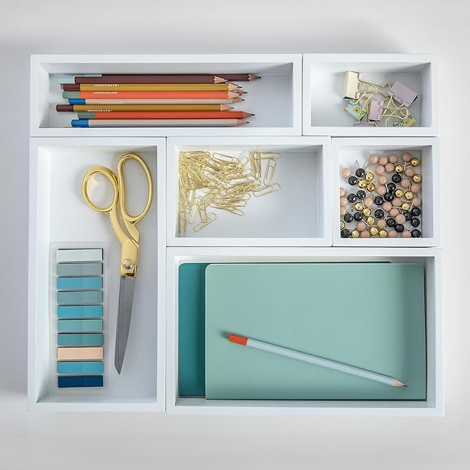 Martha Stewart Enzo Wooden Desk Drawer Organizer Set, Engineered Wood Organizers in Various Sizes, 6 Piece, White