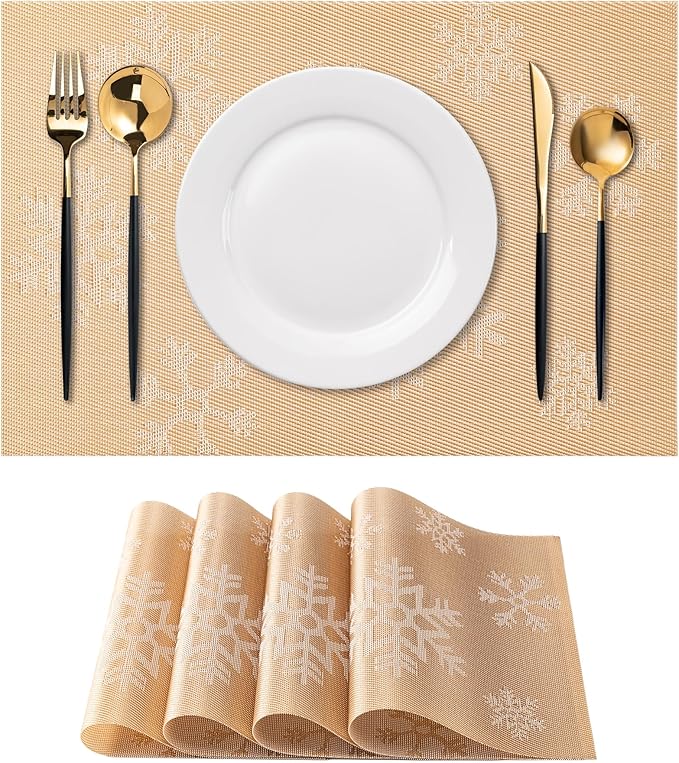 CADONO Placemats Set of 4 Washable Indoor/Outdoor Vinyl Place Mats for Dining Table Durable Non-Slip Heat Resistant PVC Weave Table Mats（Christmas Snow-Gold）