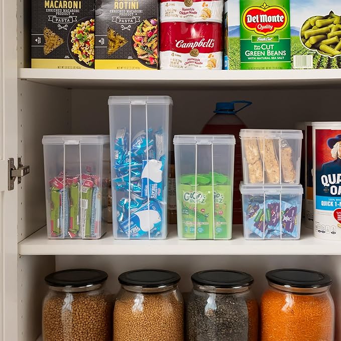 IRIS USA Vertical Plastic Flip Top Storage Containers Bins with Lids for Pantry, Home, Office, Organization, Large, Stackable Hinged Organizer with Latches, Clear, 4 Pack