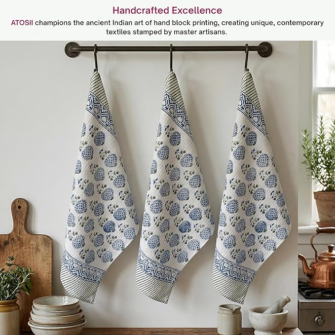 ATOSII 100% Cotton Hand Block Print Waffle Kitchen Towel, Set of 3, 18 x 26 Inches Ultra Absorbent Quick Dry Dish Towels, Lightweight Reusable Sustainable Tea Towels for Cleaning and Drying, Roma Blue