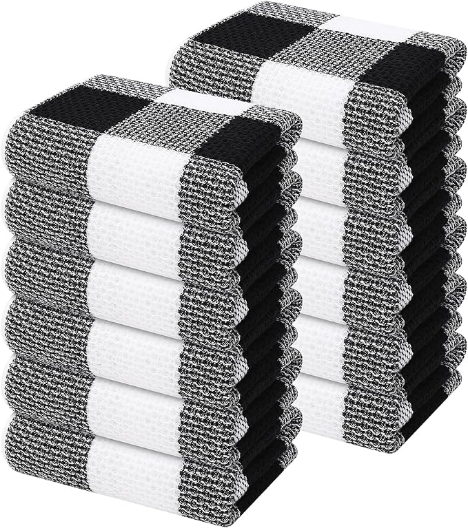 Mordimy 100% Cotton Waffle Weave Kitchen Towels, 13 x 28 Inches, Super Soft and Absorbent Buffalo Check Dish Towels for Drying Dishes, 12-Pack, Black & White